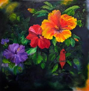 Caridad Faust Hibiscus and Cardinal in My Garden Oil Painting